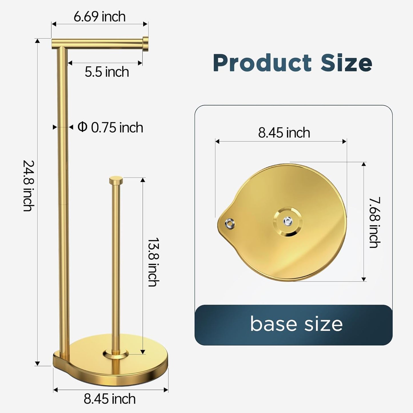 Theaoo Heavy-Duty Toilet Paper Holder Stand - Modern Freestanding Stainless Steel Tissue Roll Holder (Gold)