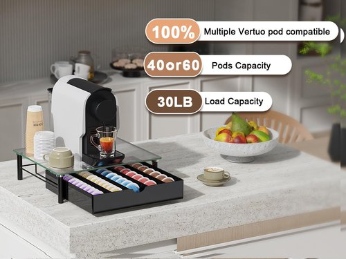 gianotter Crystal Tempered Glass Vertuo Pod Holder Drawer, Compatible with Nespresso Vertuo Capsules, Compatible with 40 Large or 60 Small Nespresso Capsule Organizer (transparent)