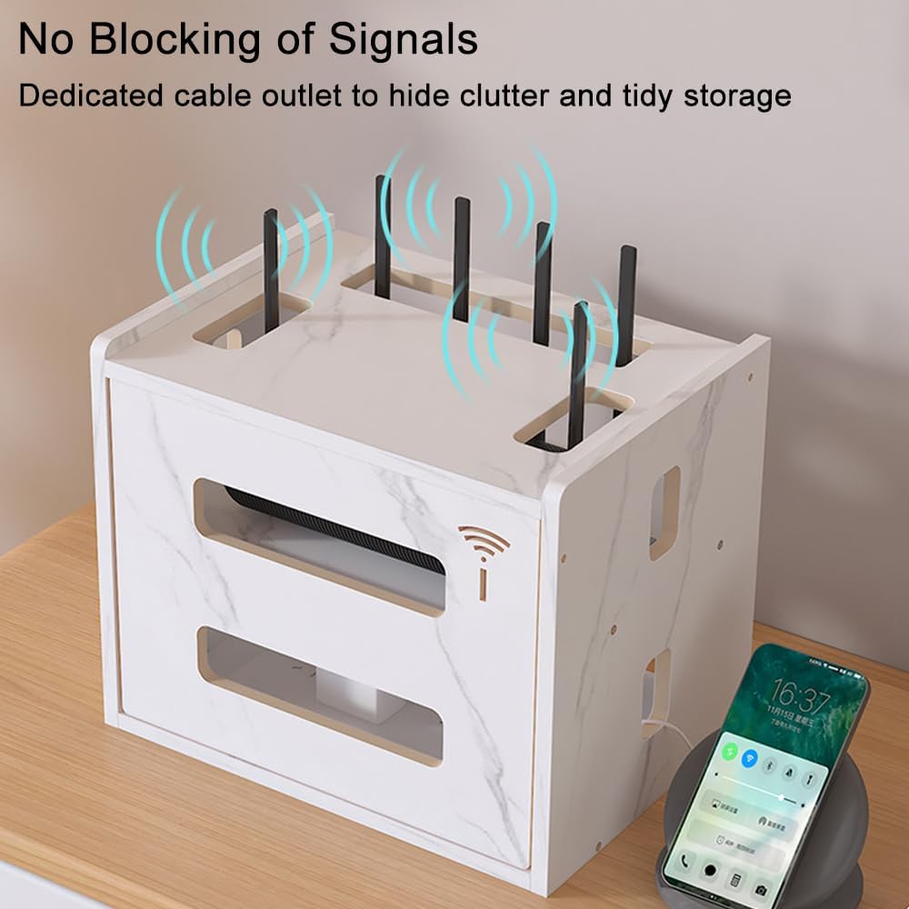 W WWEENUO Wooden Router Shelf, Desktop WiFi Router Storage Box Modem Rack Cover Power Strip and Cable Management Hider