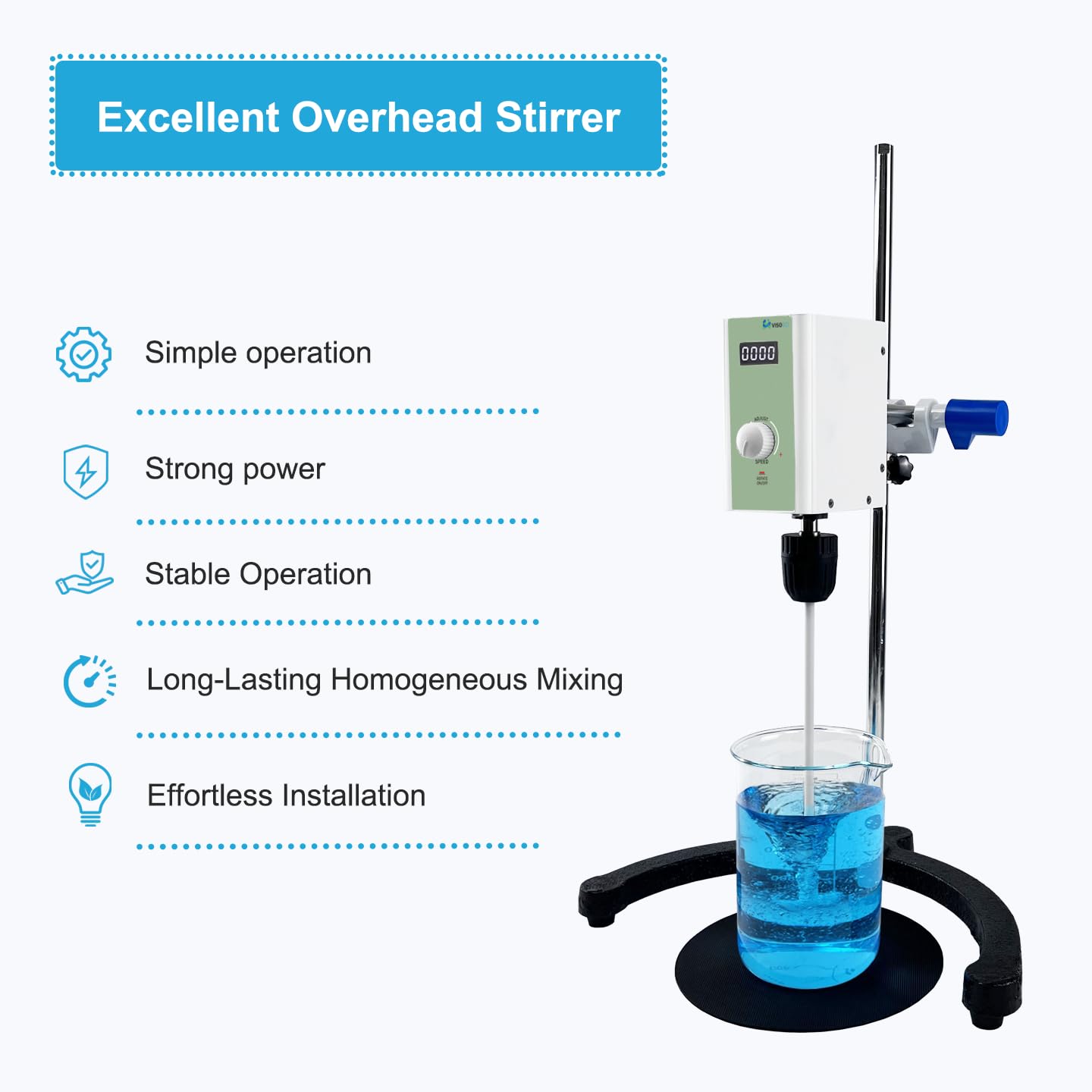 Digital Lab Overhead Stirrer,Speed 100-2000rpm,Max.Torque 20N·cm,Max.Viscosity 10000mpas,10L(H₂O), Lab Mixer with Overload Protection, Overhead Mixer with Support Stand&PTFE Stirring Rod,110-220V