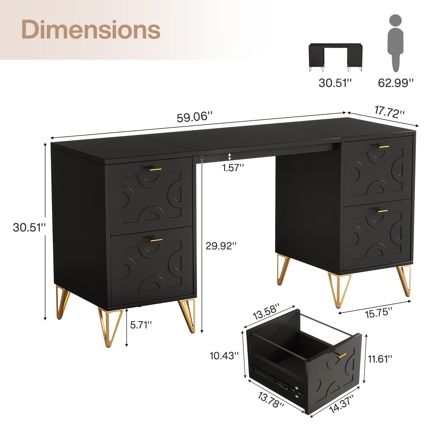 Tribesigns 59-Inch Black Executive Computer Desk with 4 File Drawers Storage, Modern Writing Table, Luxury Desk with Gold Legs for Home Office