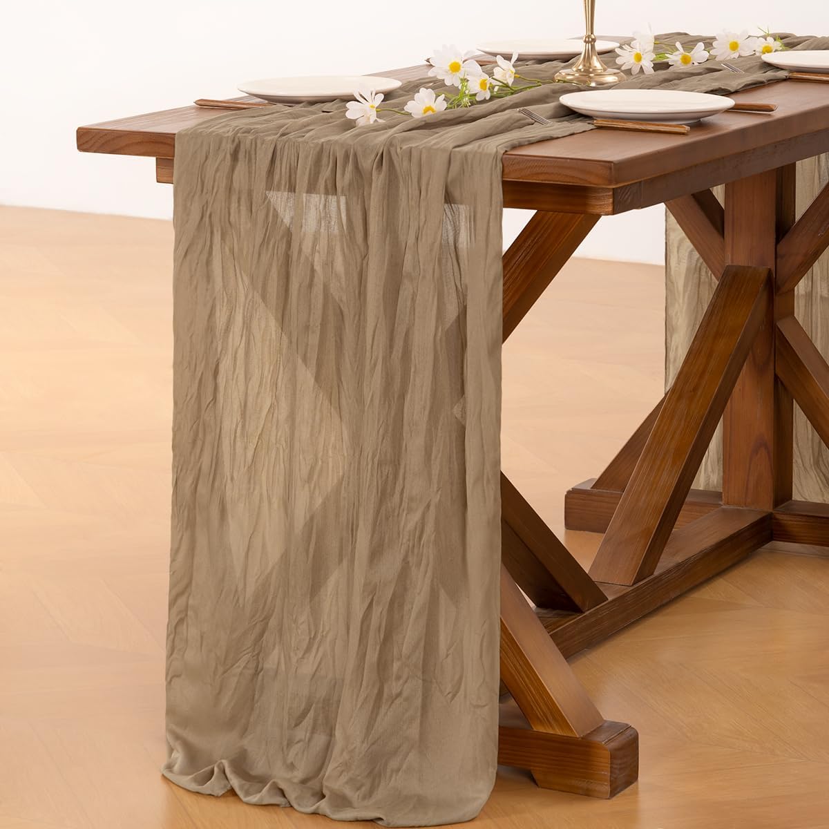Socomi Cheesecloth Table Runner - 120 Inch Nude Brown Boho Style for Weddings & Events