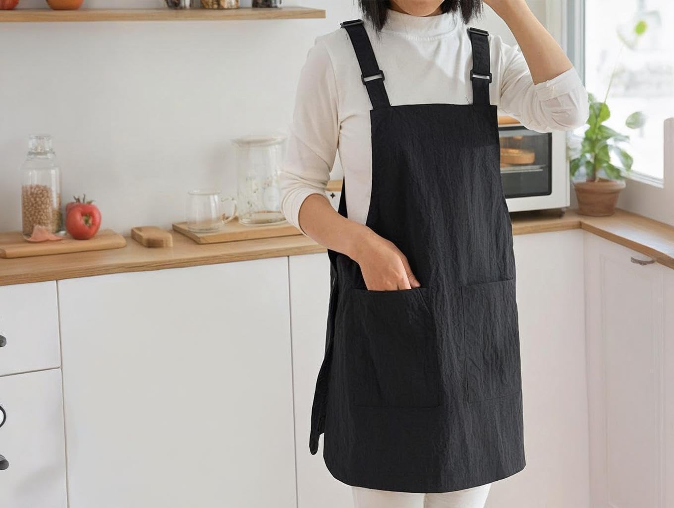 NEWGEM Adjustable Waterproof Apron with 3 Pockets for Women Cooking Painting Baking Gardening Black