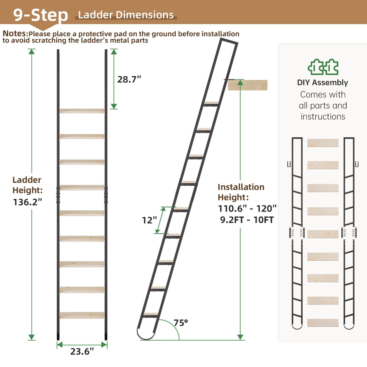 11.35FT Industrial Style Loft Ladder, 9 Steps with Black Steel Handrails & Solid Wood Steps, 450lbs Capacity, Fits 9.2-10FT Installation Height,for Attic, Kitchen, Warehouse,Bookshelf& Outdoor