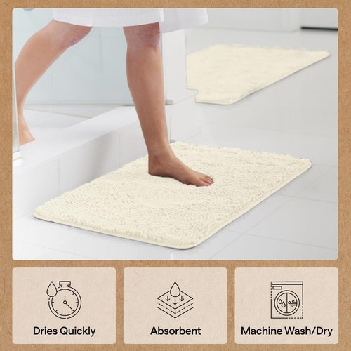Gorilla Grip Bath Rug Mat - Thick Soft Absorbent Chenille | Quick Dry Microfiber, 24x17, Ivory