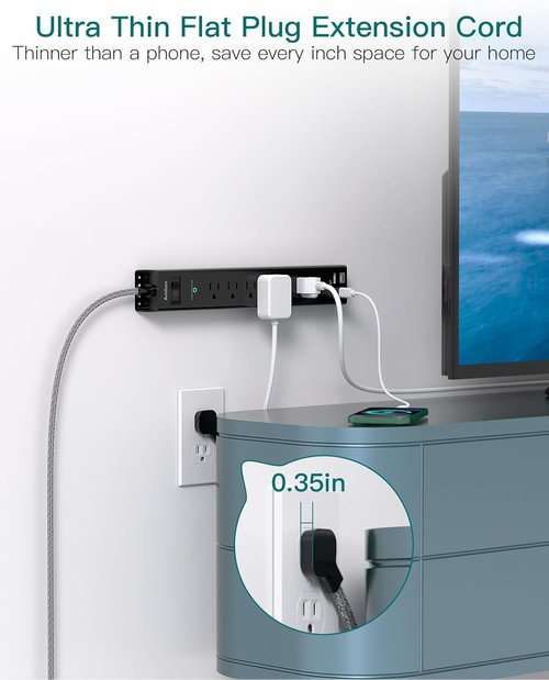 Addtam Surge Protector Power Strip - 6 AC Outlets & 4 USB Ports, 1875W Flat Plug for Home & Office