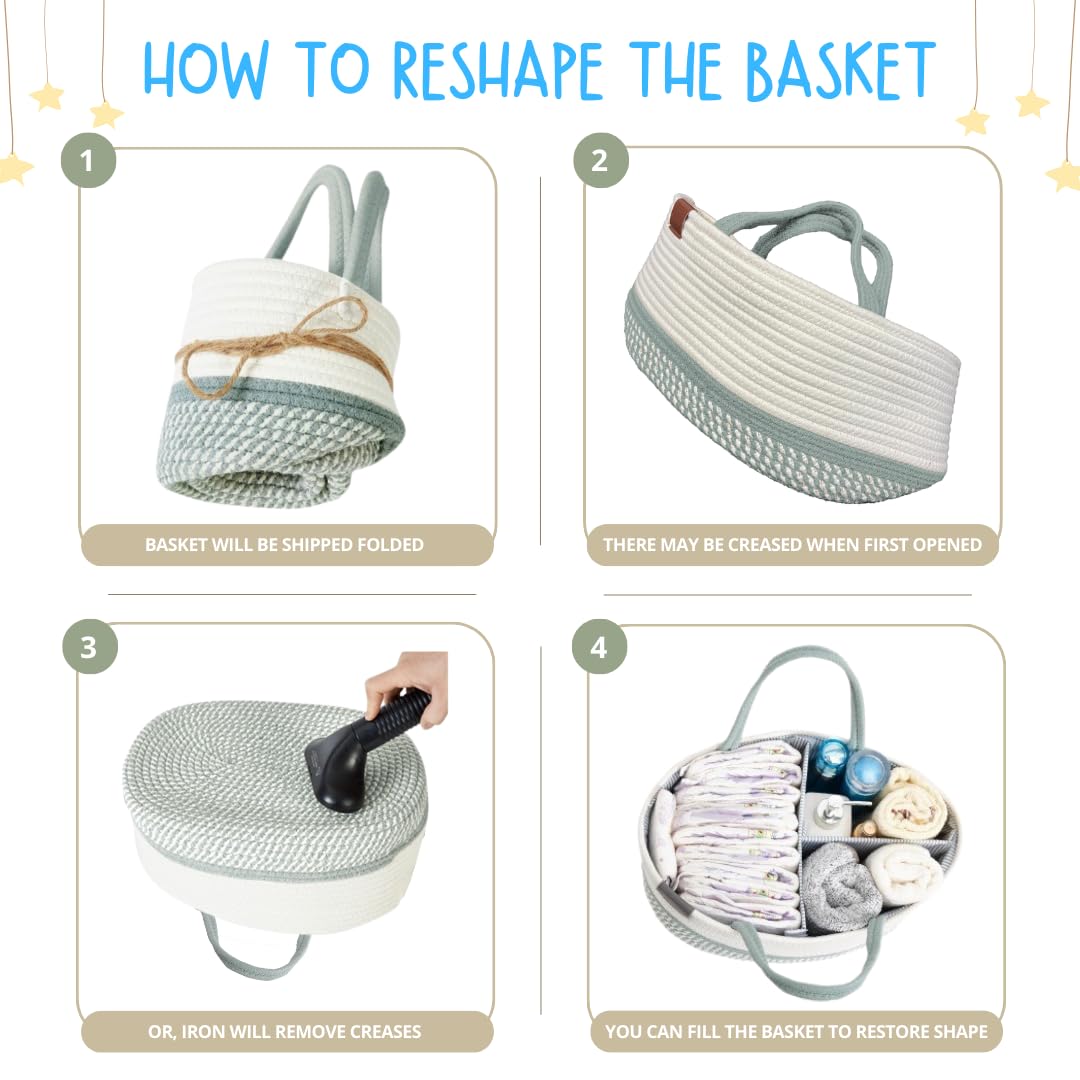 DECOMOMO XL Baby Caddy Organizer, Diaper Caddy Basket, Baskets for Baby Shower Gifts (Sage Green & White, Extra Large)