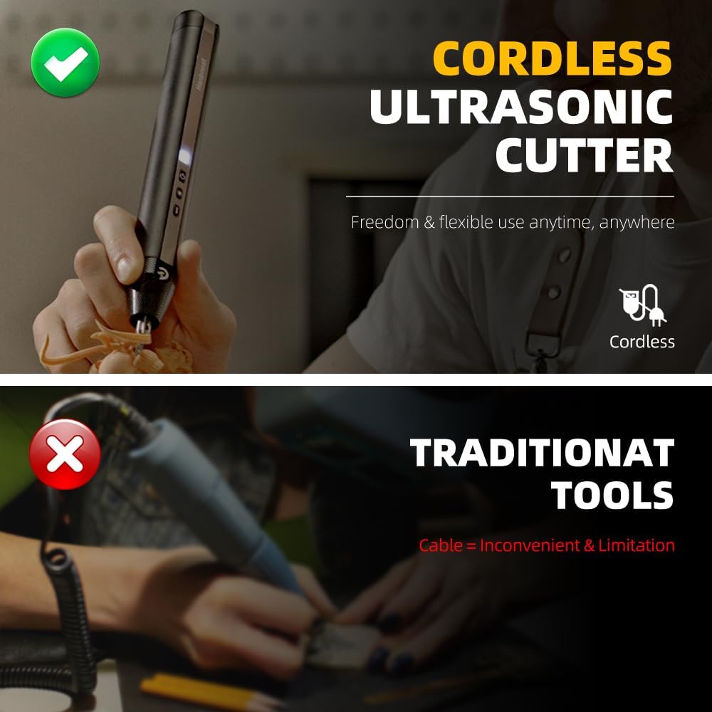 Hanboost C1 Wireless Ultrasonic Cutter, 40,000Hz Electric Craft Knife, 3 Power Modes & LED, Portable Hobby Tool for 3D Print Support Removal, Plastic Model, Leather, Wood & DIY Makers