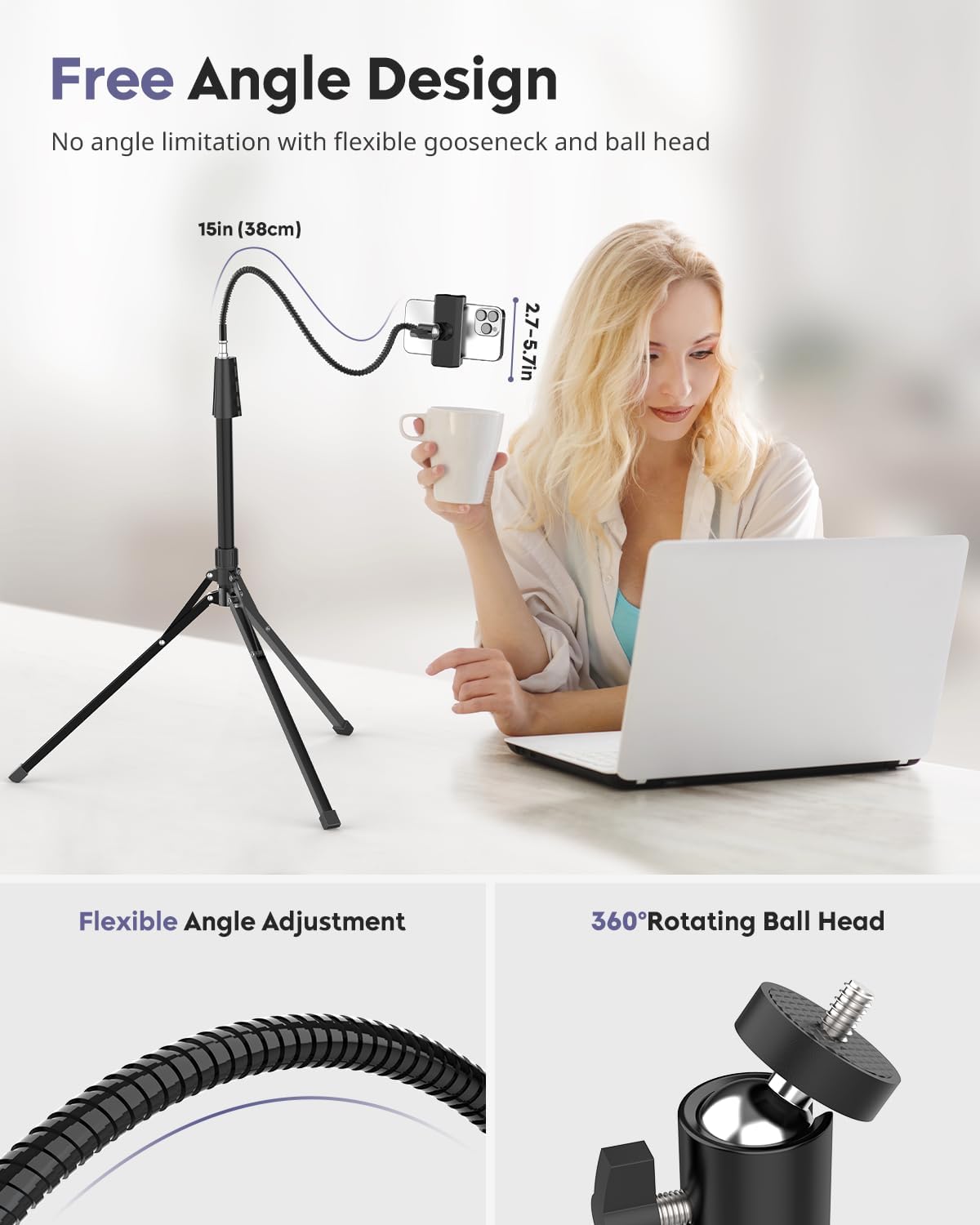 Aureday 92" 15" Phone Tripod, Cell Phone Stand with Gooseneck, Remote and Phone Holder, Overhead & Selfie Stick