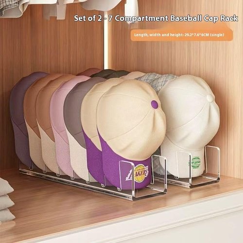 Clear Acrylic Baseball Cap Organizer Rack - Space-Saving 2-Pack Holds 14 Hats for Closet or Entryway