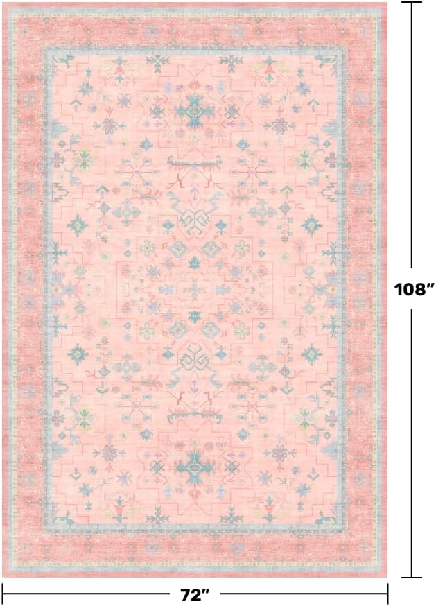 Oushak Rugs | Washable Pink and Blue 6x9 Area Rug - Soft Faux Wool, Modern Floral Design for Kids' Rooms