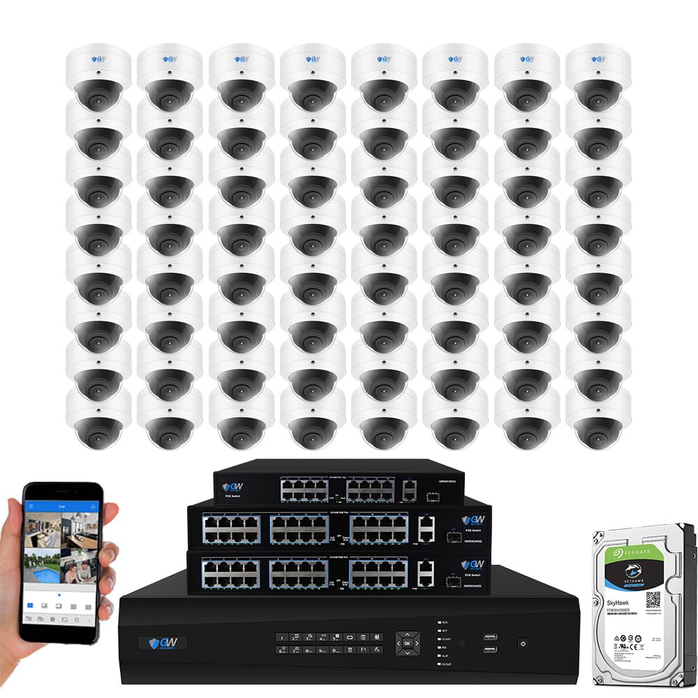 GW Security 64-Channel 4K NVR System with 64 x 4K (8MP) AI Dome Cameras, Face/Human/Vehicle Detection, 100ft Night Vision, Indoor/Outdoor Use, Wired, Compatible with Smartphones, Tablets, PCs