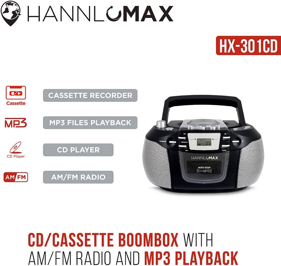 HANNLOMAX HX-301CD CD/MP3 Cassette Boombox, AM/FM Radio, Recorder, Records from CD or Radio, Headphone Jack, LCD