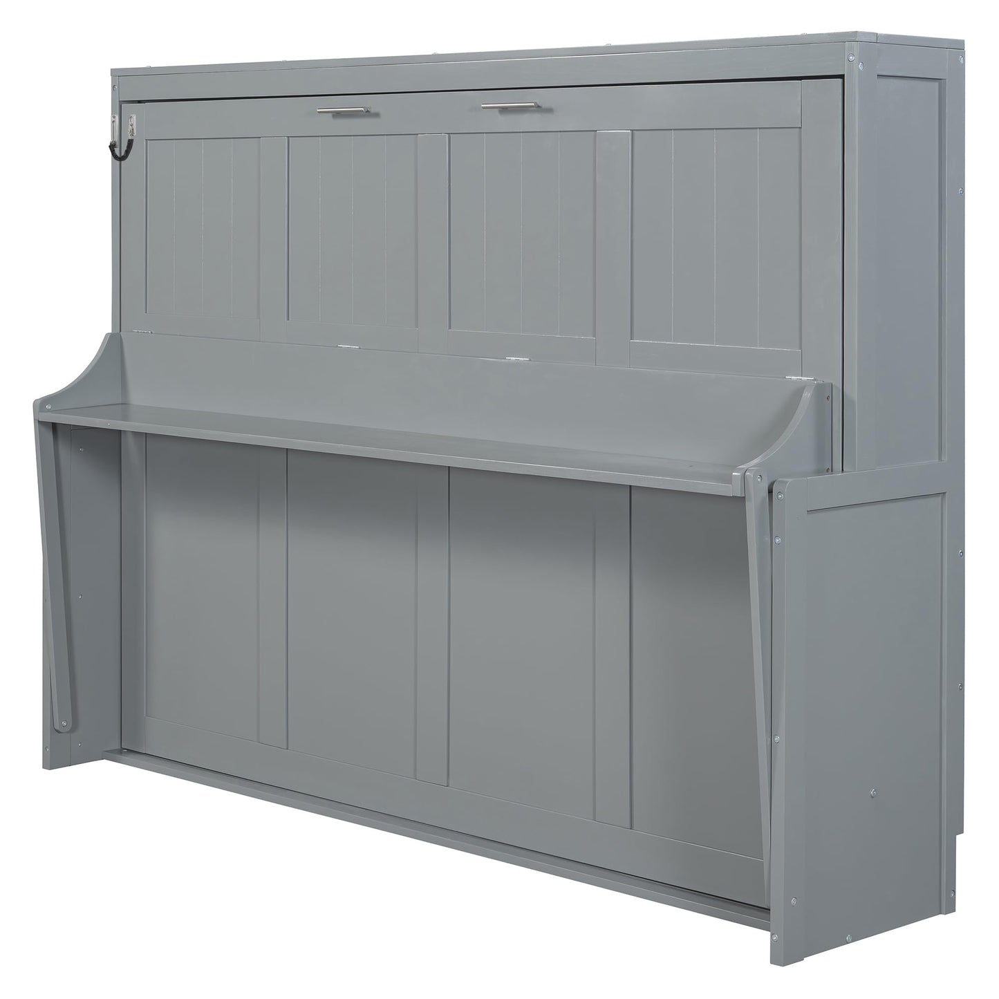 Merax Murphy Bed Queen Size with Desk, Wood Folding Wall Bedframe with Smooth Hydraulic Lift, for Small Bedroom, Guest Room, Home Office, Grey