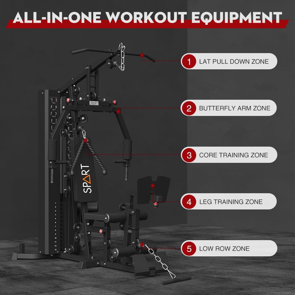 SPART Multifunctional Home Gym Station, Home Gym Exercise Equipment with 160LBS Weight Stack, Full Body Strength Training Workout Machine for Leg Press, LAT Pull Down, Chest Press, PEC Fly, Black