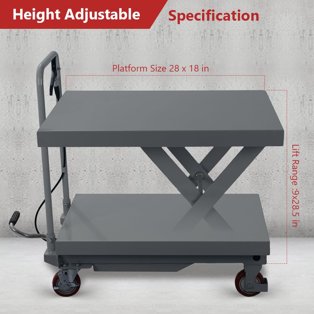 Hydraulic Scissor Cart Lift Table, 500 LBS Capacity 28.5 in Lifting Height Manual Scissor Lift Table w/ 4 Wheels and Foot Pump for Material Handling