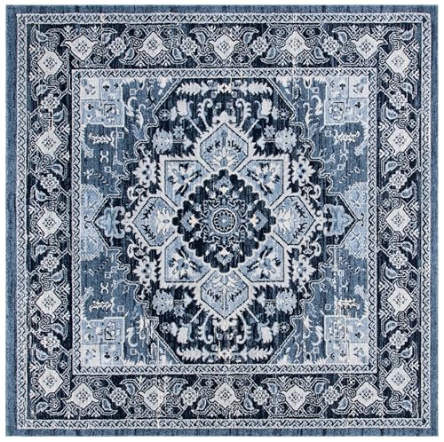 SAFAVIEH Charleston Collection Area Rug - 6'7" Square, Navy & Blue, Oriental Medallion Design, Non-Shedding & Easy Care, Ideal for High Traffic Areas in Living Room, Bedroom (CHL431N)