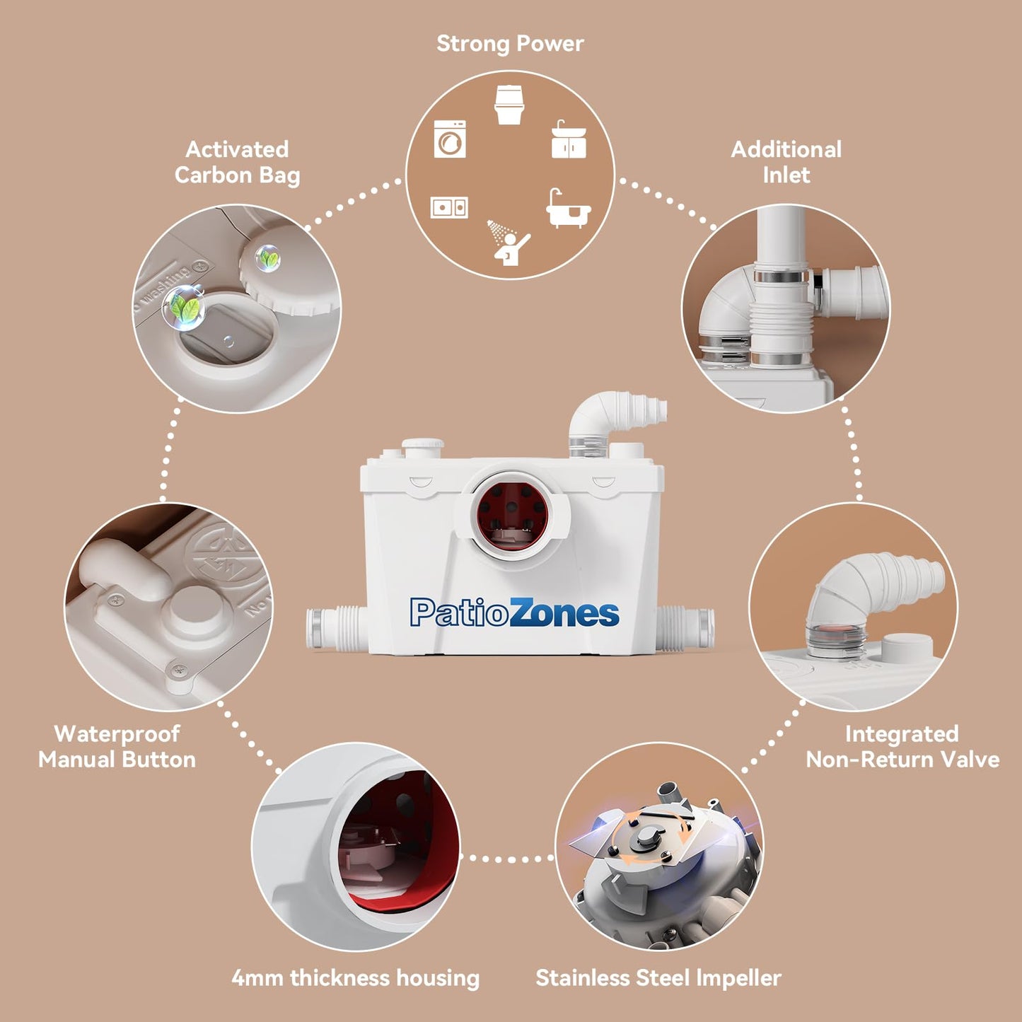 2026 Macerating Toilet System, 17.7" Tall Elongated Toilet with Grinder Pump for Basement Bathroom Sink/Shower/Laundry Wastewater Upflush, Quiet Copper Motor, Less Consumption, Nano-glaze Coating