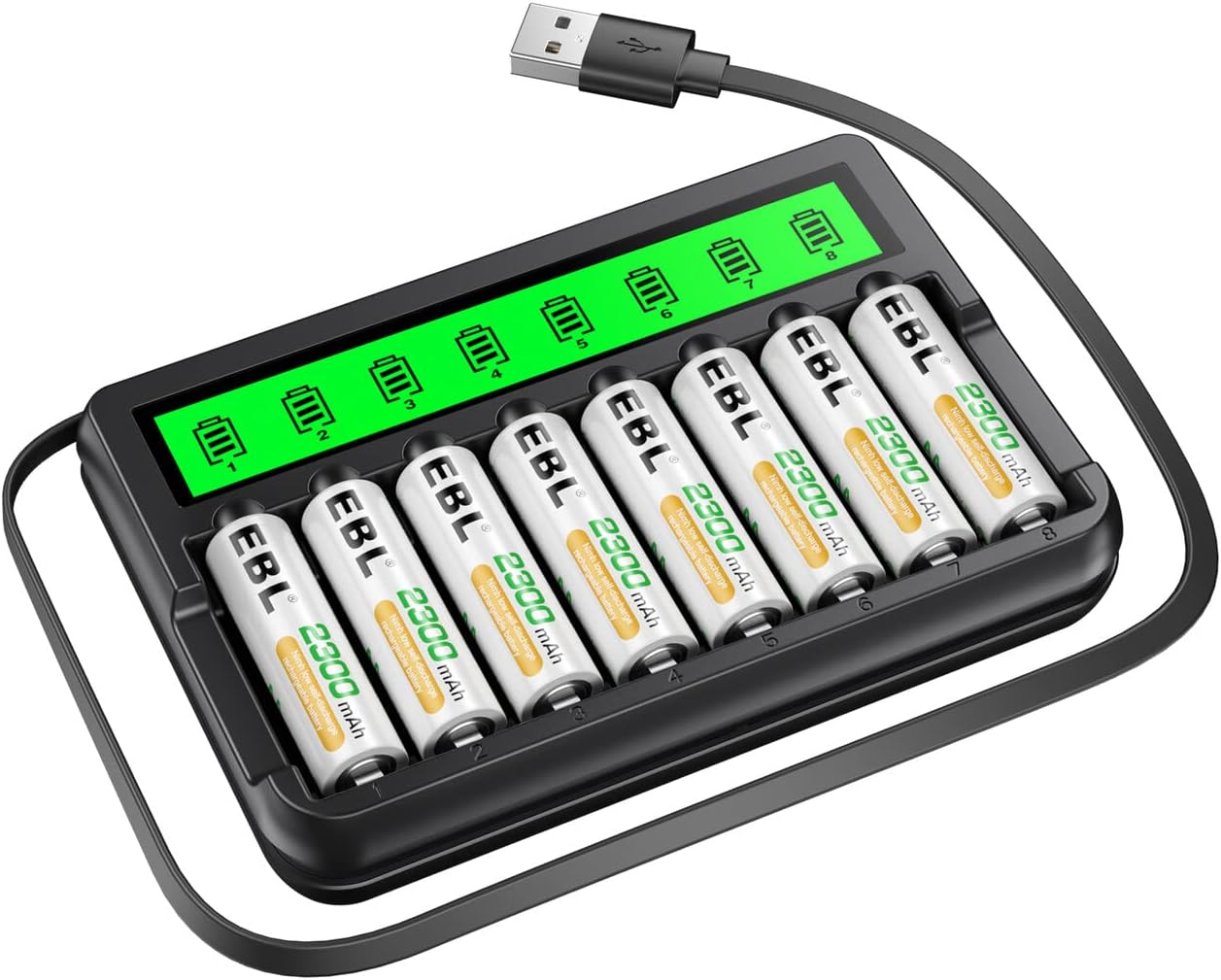 EBL 8 Pack 2300mAh 8-Bay Rechargeable AA Batteries and Battery Charger with Built-in Charging Cable, Ni-MH Duable A