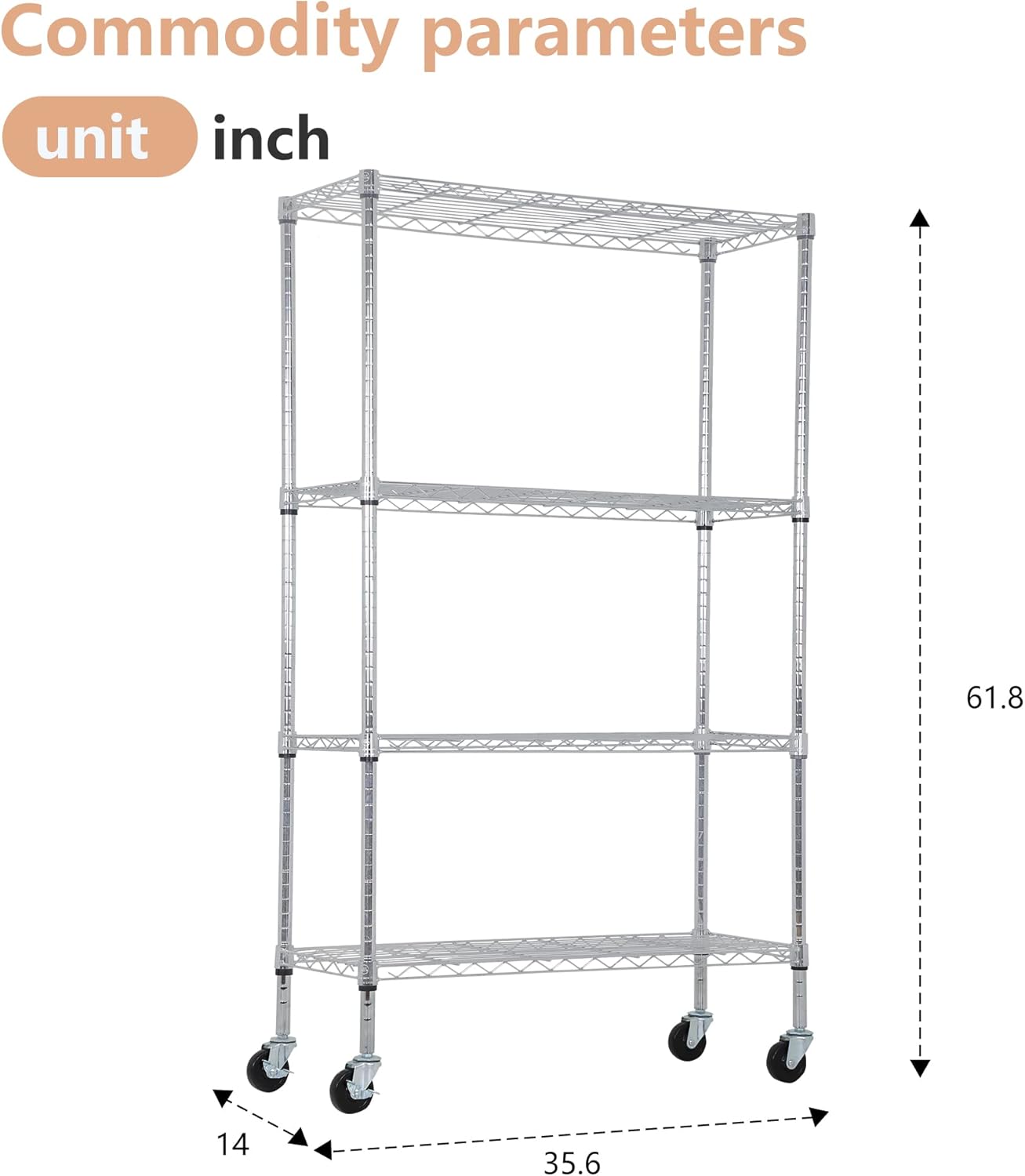 BestOffice 4-Tier Wire Storage Shelves - Heavy-Duty Metal Racks with Wheels | 36x14x62 | Chrome Finish | No-Tool Assembly for Home & Garage