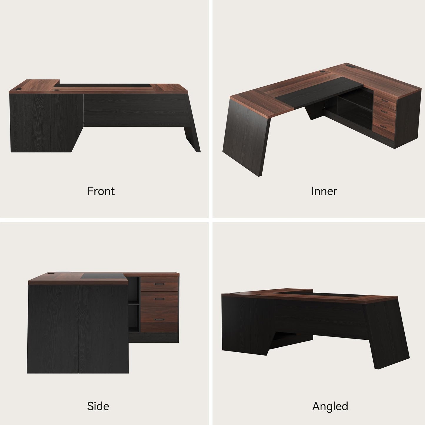 Epecoya L-Shaped Executive Desk with Drawer, 78-Inch Large Home Office Desk with Cord Hold and Power Outlet, Modern Computer Table with Lateral File Cabinet,Open Shelf and PC Stand, Walnut Brown Black