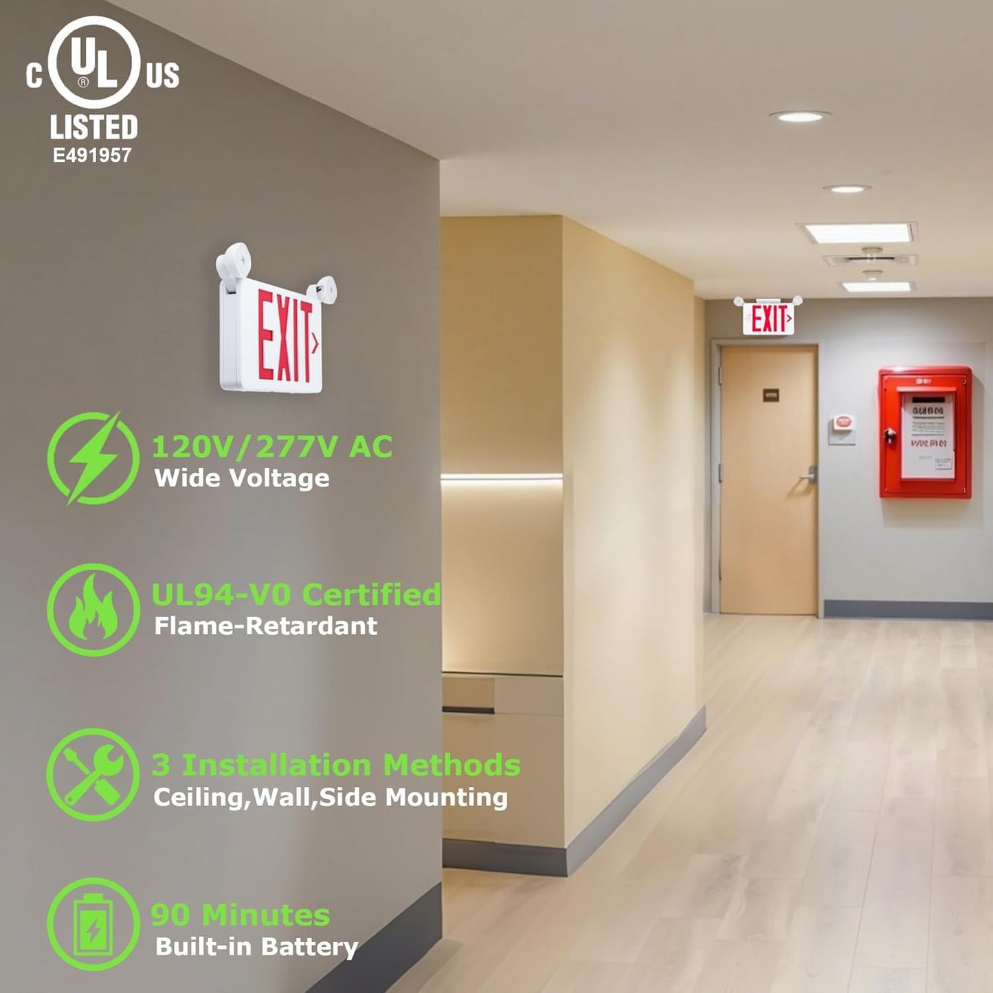 Gruenlich Red Exit Sign with Emergency Lights, 2 Adjustable LED Heads and Backup Battery, UL 924, AC 120/277V, Commercial Hardwired Exit Light for Business, 2 Pack