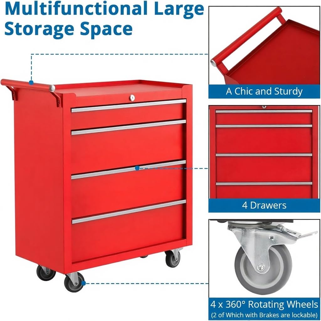 GarveeHome 4-Drawer Tool Chest, Rolling Tool Box with Wheels and Lock System, Portable Storage Rolling Tool Chest for Warehouse, Workshop & Repair Shop, Red