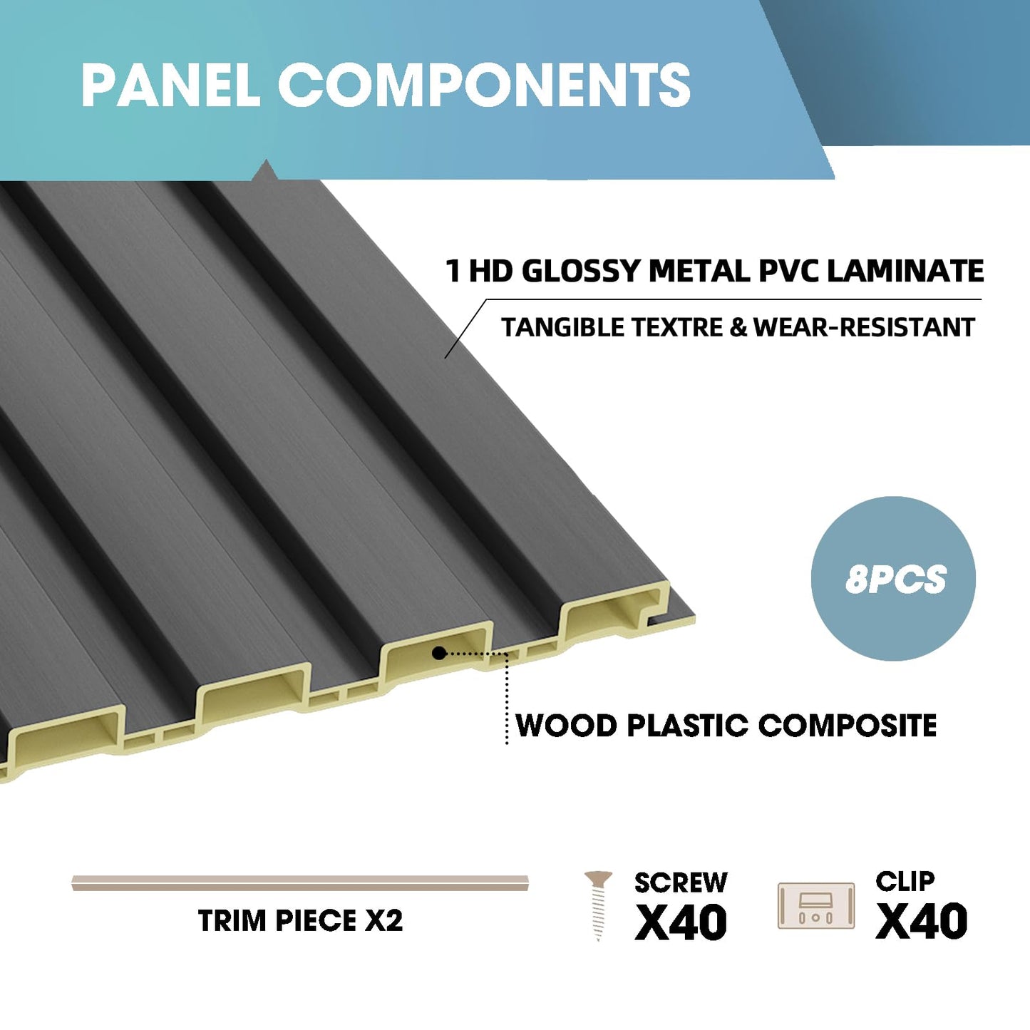 OUZUGIE WPC Acoustic Slat Wall Paneling, 8-Pack 114 x 6 Inches 3D Wall Panels for Interior Wall Decor,Living Room,TV Background,Study Room,Office Spaces,Bedroom,Low Grille (Metallic Dark Gray)
