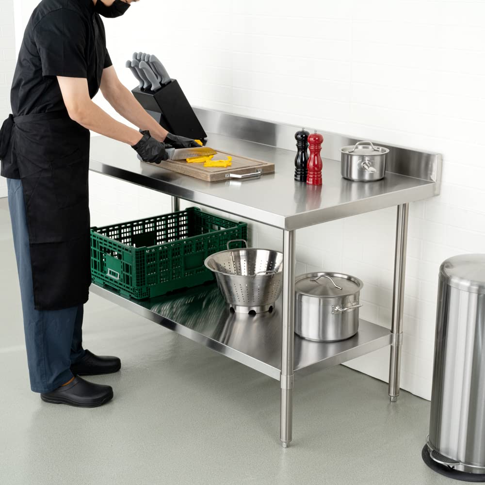 Restaurantware Kitchen Tek 30 x 60 Inch Stainless Steel Table 1 Commercial Work Table - 4" Backsplash Adjustable Feet Stainless Steel 304 Metal Table Great For Food Prep For Home Or Hotel