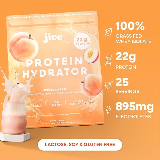 Jive Clear Protein Powder - 22g Grass-Fed Whey Isolate, 25 Servings - White Peach - 895mg of Electrolytes - Zero Added Sugar - Clear Drink Protein Water & Juice