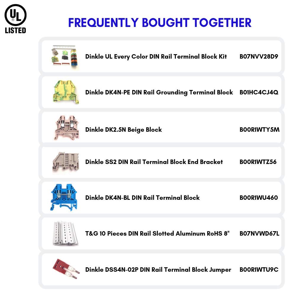 DIN Rail Terminal Blocks Kit by International Connector 20 Dinkle DK2.5N DIN Terminal Block Connectors 12-22 AWG Gauge 20A 600V, Ground Blocks, Jumpers, End Covers, End Brackets on 8'' Aluminum Rail