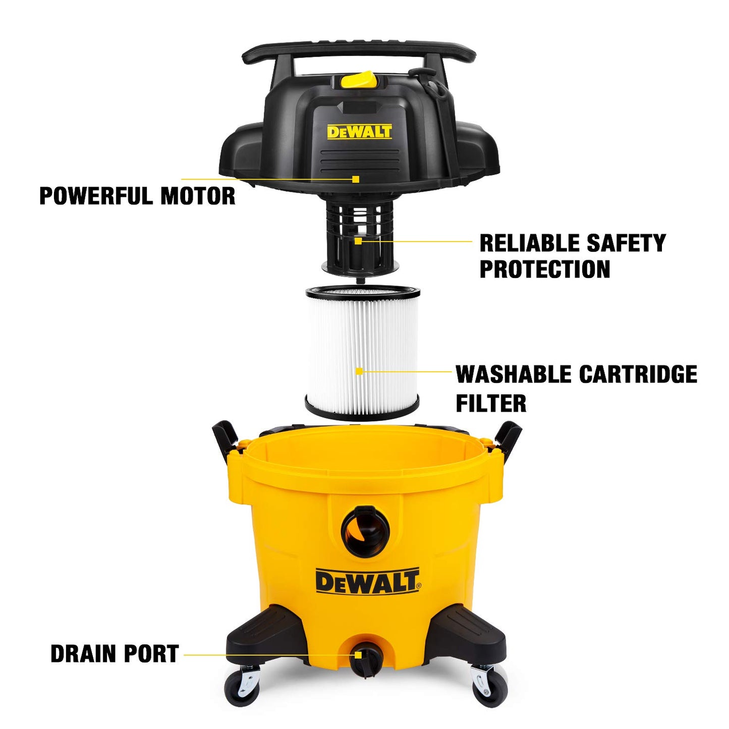DEWALT Dust Separator with 6 Gallon Poly Tank, Yellow & DXV10P 10 Gallon Quiet Poly Wet Dry Vacuum Yellow