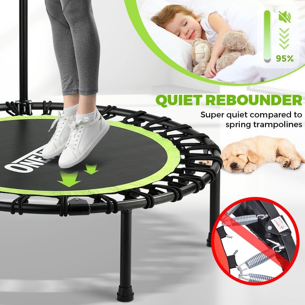ONETWOFIT Foldable Rebounder Trampoline for Adults, 40/42/45” Mini Fitness Trampoline W/Adjustable Foam Handle Bungees, Quiet Exercise Trampoline for Personal Indoor Workout (45IN-with Handle)