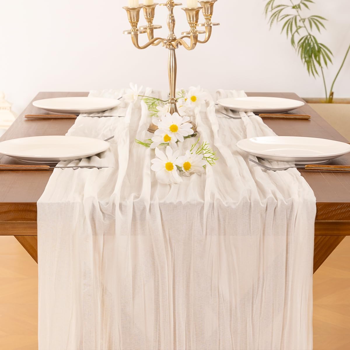 Socomi Ivory White Cheesecloth Table Runner - 120 Inch Boho Rustic Decor for Weddings & Events