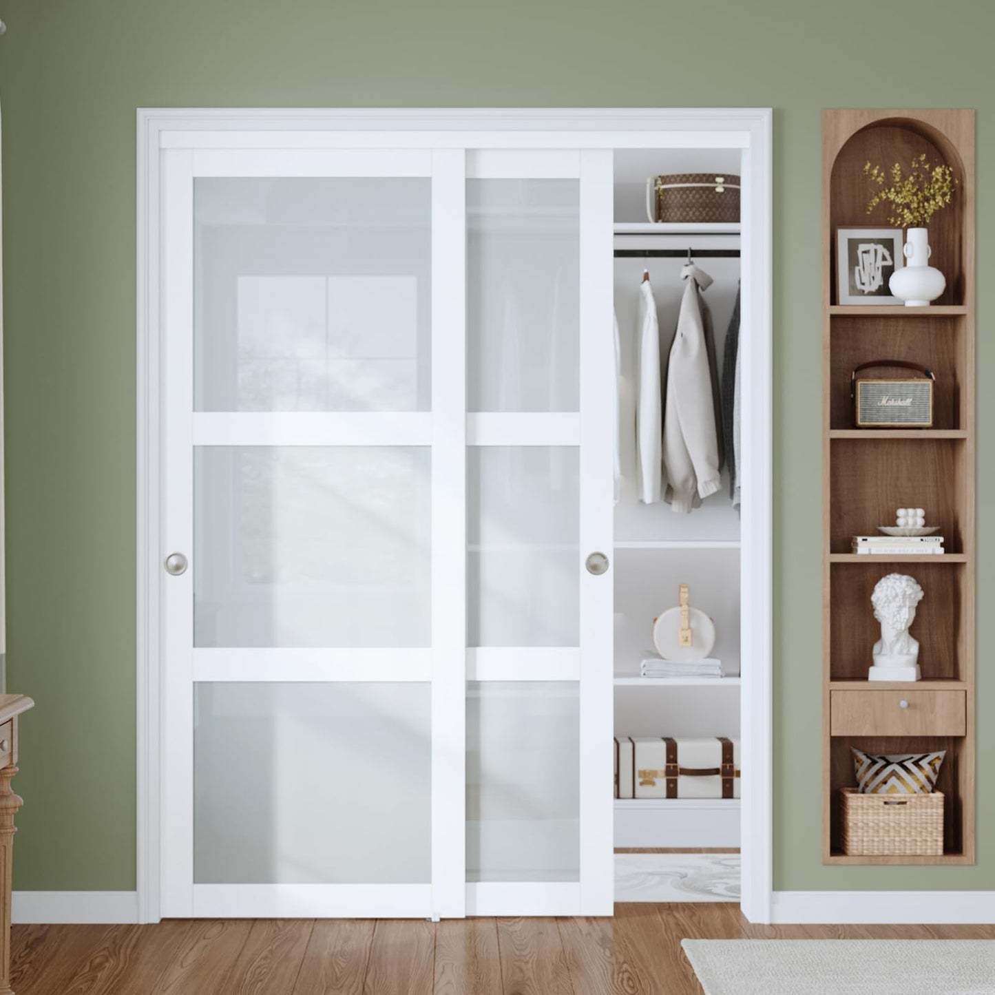 Finosen 60"×80"(Double 31") Sliding Closet Door, 3-Lite Frosted Glass, Bypass Barn Door with Hardware Kit Included, Preassembled MDF Wood Panel, Water-Proof PVC Surface, Easy to Install, White