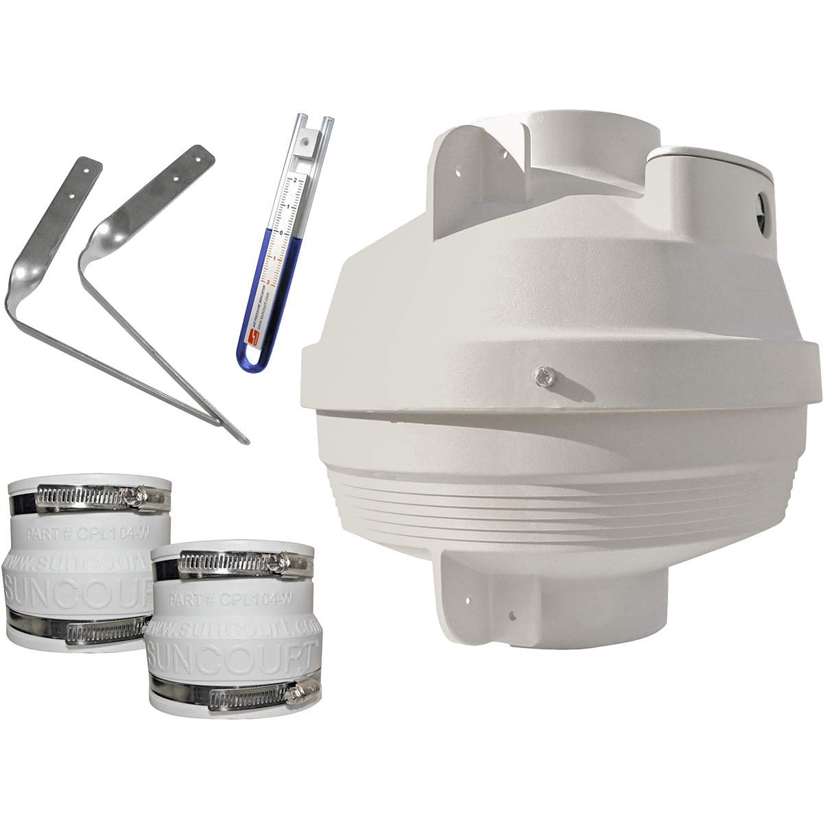 Suncourt Radon Mitigation System Kit for Sub-Slab Depressurization, Basements, Crawlspaces — Radon Fan Kit with 2 Couplers 4” to 4” and Manometer, Rated for Indoor/Outdoor Use (RDK04)