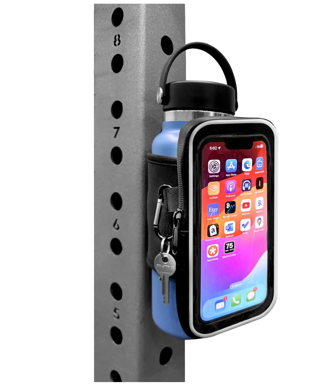 Maxby Magnetic Water Bottle Sleeve with Phone Pouch for Gym, Touchscreen Access, Key Clip, Fits Most 20 to 40 oz Bottles, Attaches to Metal Gym Equipment, Keeps Bottle Off the Floor and within Reach
