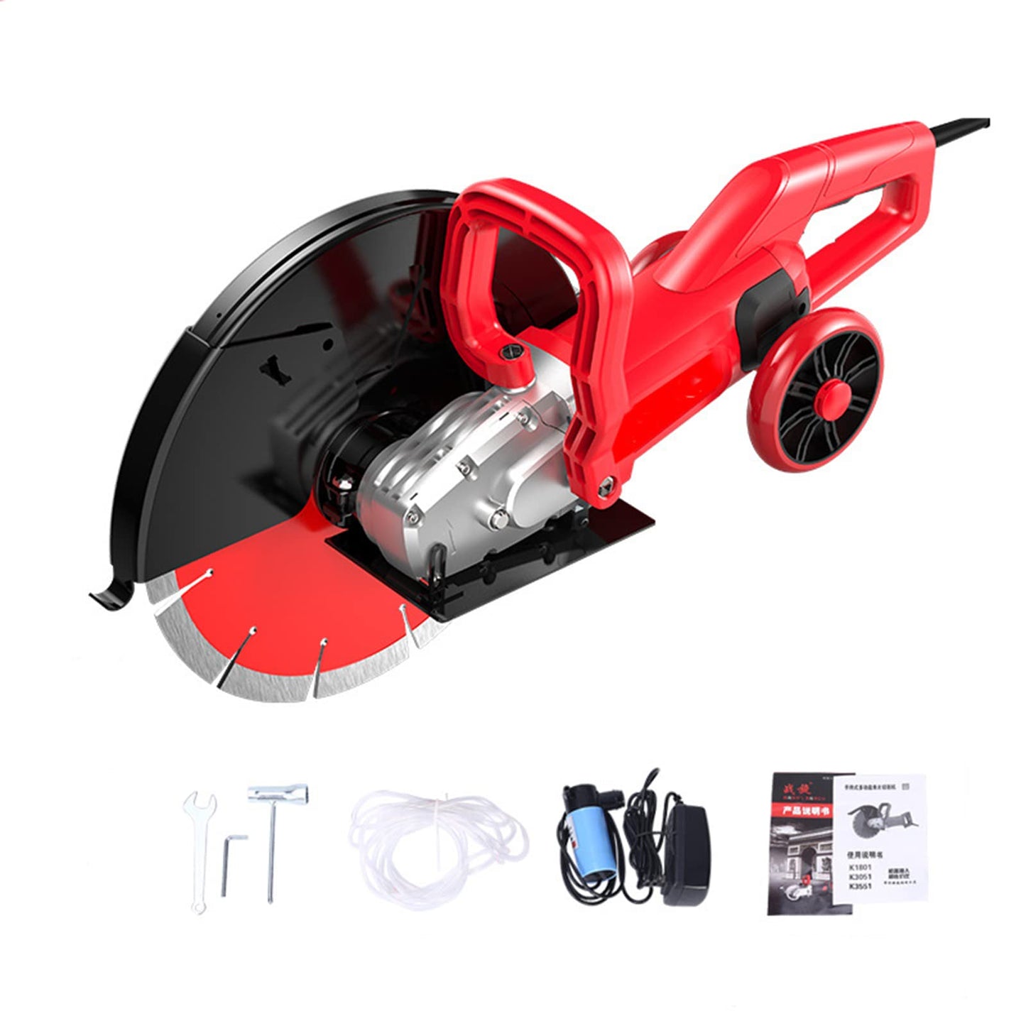 VICSEC 110V 6800W Electric Concrete Saw 14" Wet/Dry Circular Saw with 135 Saw Blade and Rolling Pulley Masonry Cutting Tool for Granite, Porcelain, Wood,Concrete, Stone, etc.