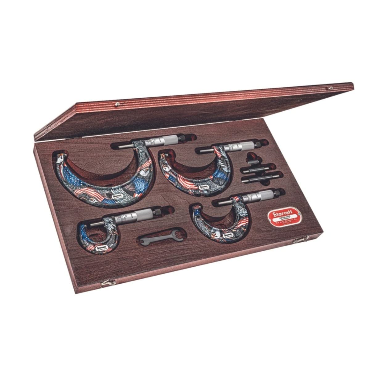 Starrett Outside Micrometer Set with Smooth Friction Thimble, Combination Ratchet and Speeder - American Pride Theme, 0-4" Set Range, .0001" Graduation - SAPT436.1XRLZ