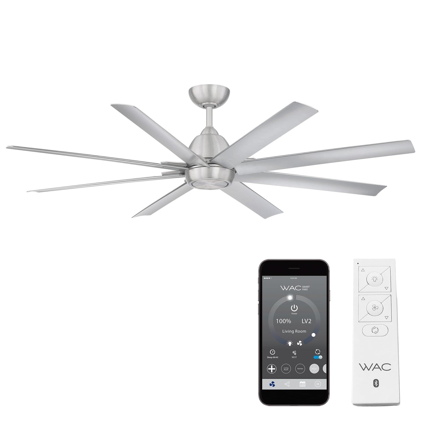 WAC Lighting Mocha XL 8 Blades Aluminum Smart Ceiling Fan in Brushed Nickel