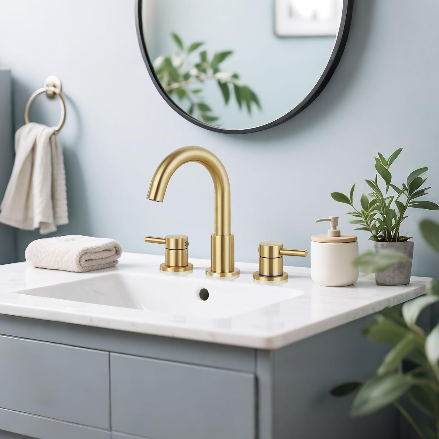 IUERASD Bathroom Faucet 3 Hole, Brushed Gold Bathroom Sink Faucet with Pop Up Drain, 8 inch Widespread Bathroom Faucet with 360° Swivel Spout, 2 Handle Vanity Faucet with Water Supply Hoses