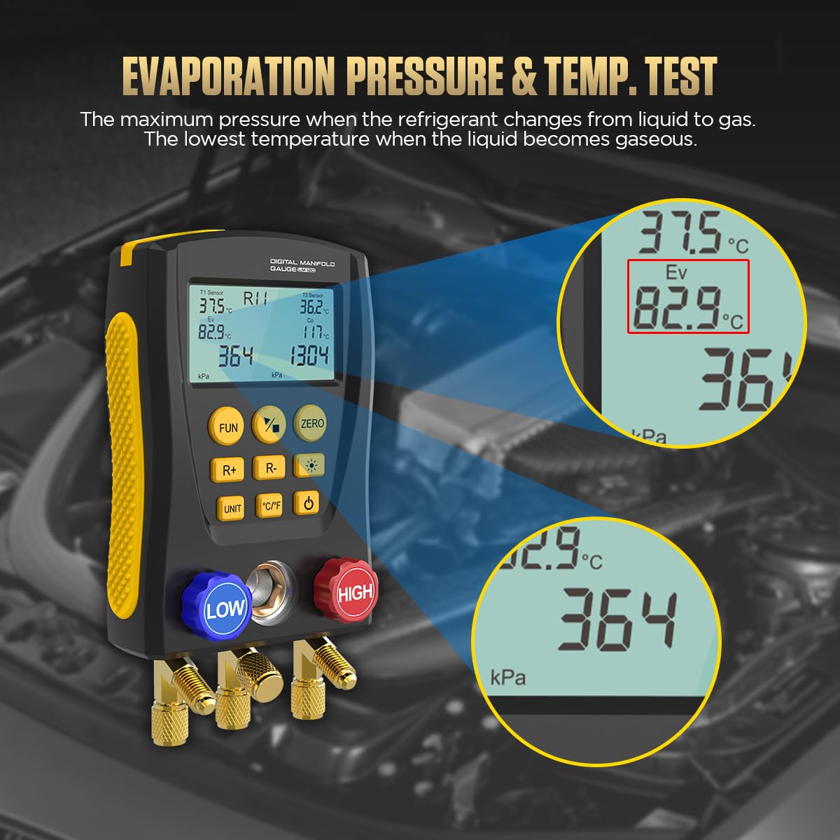 Digital Manifold HVAC Gauge Set, 92 Refrigerants Dual Pressure & Temp Test with Temperature Clips & Hoses, AC Vacuum Gauges for R1234YF R134A R404A R410A R32 R744 Refrigeration Recharge Kit, LM120+