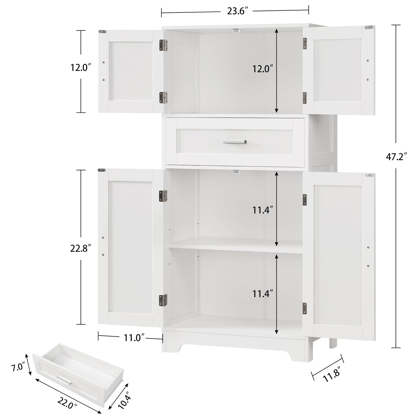 TEENFON Bathroom Storage Cabinet with Adjustable Shelf & Large Drawer, Tall Storage Cabinet with 4 Doors, Kitchen Pantry Storage Cabinets, for Living Room, Dining Room, Home Office, Entryway, White