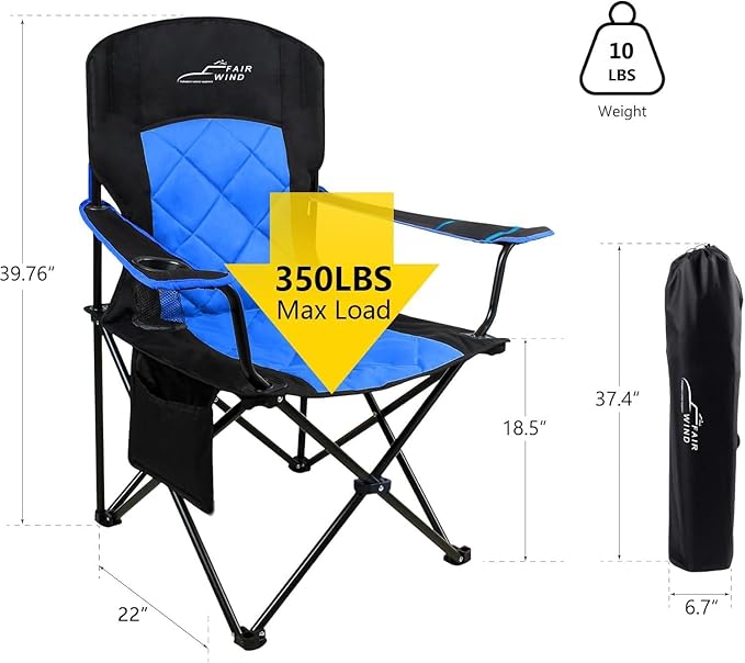 FAIR WIND 2 Pack Oversized Fully Padded Camping Chair Heavy Duty Quad Fold Arm Chair Support 350 LBS with Cup Holder, Collapsible Lumbar Back Chair Portable for Outdoor, Blue