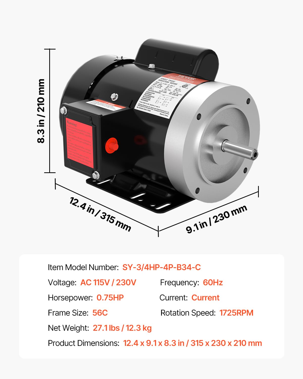 VEVOR 3/4HP Electric Motor 1725 RPM, AC 115V/230V, 56C Frame, Air Compressor Motor Single Phase, 5/8" Keyed Shaft, CW/CCW Rotation for Agricultural Machinery and General Equipment