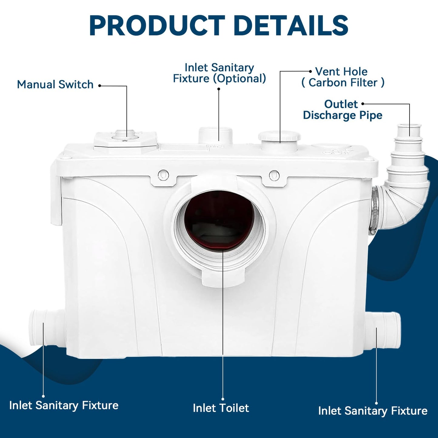 900W Macerator Pump Toilet Pump Upflush to 29.5FT 2200GPH Utility Sink Pump with 4 Water Inlets 1 Outlets Macerating Toilet System for Toilet Sink Shower Laundry Kitchen Basement
