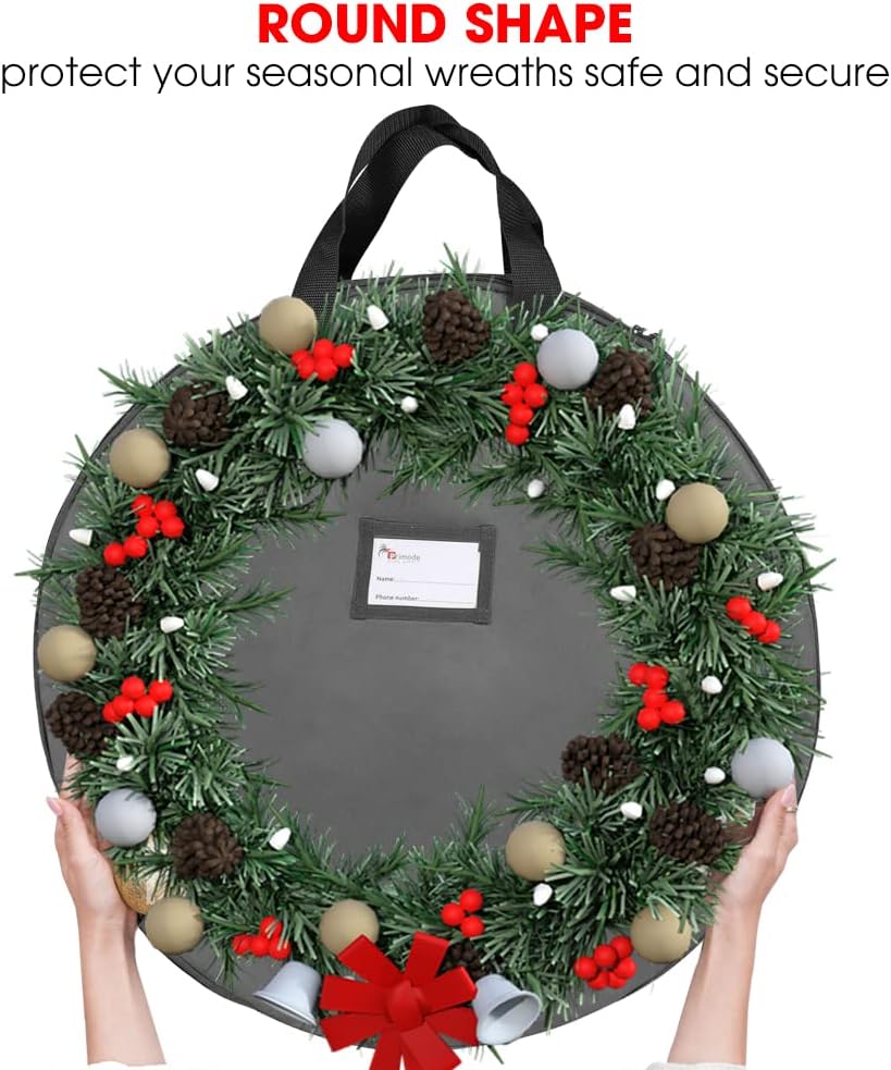 Primode Heavy Duty Wreath Storage Bag - 48" Durable 600D Oxford Polyester Container for Xmas Wreaths (Gray)
