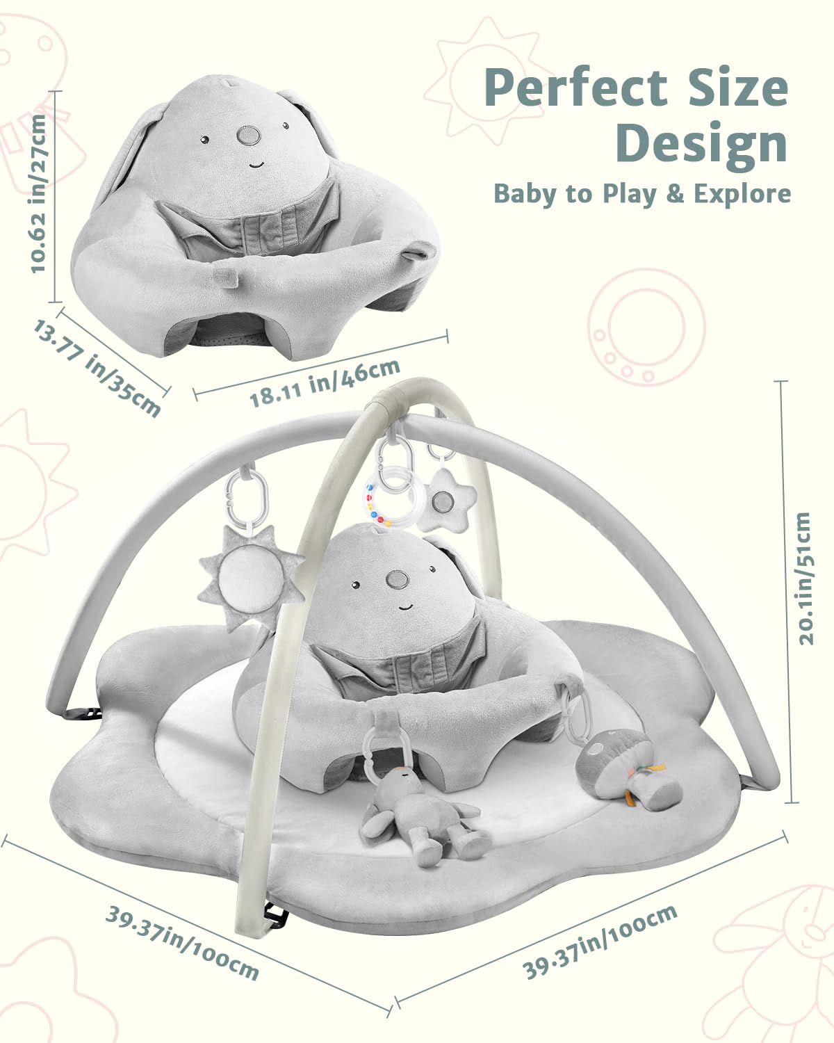 3-in-1 Baby Play Mat, Baby Seats for Infants for Sitting Up, Tummy Time Mat with 5 Detachable Toys, Baby Activity Gym & Playmats for Babies 0-6 6-12 Months, Newborn Baby Shower Gifts