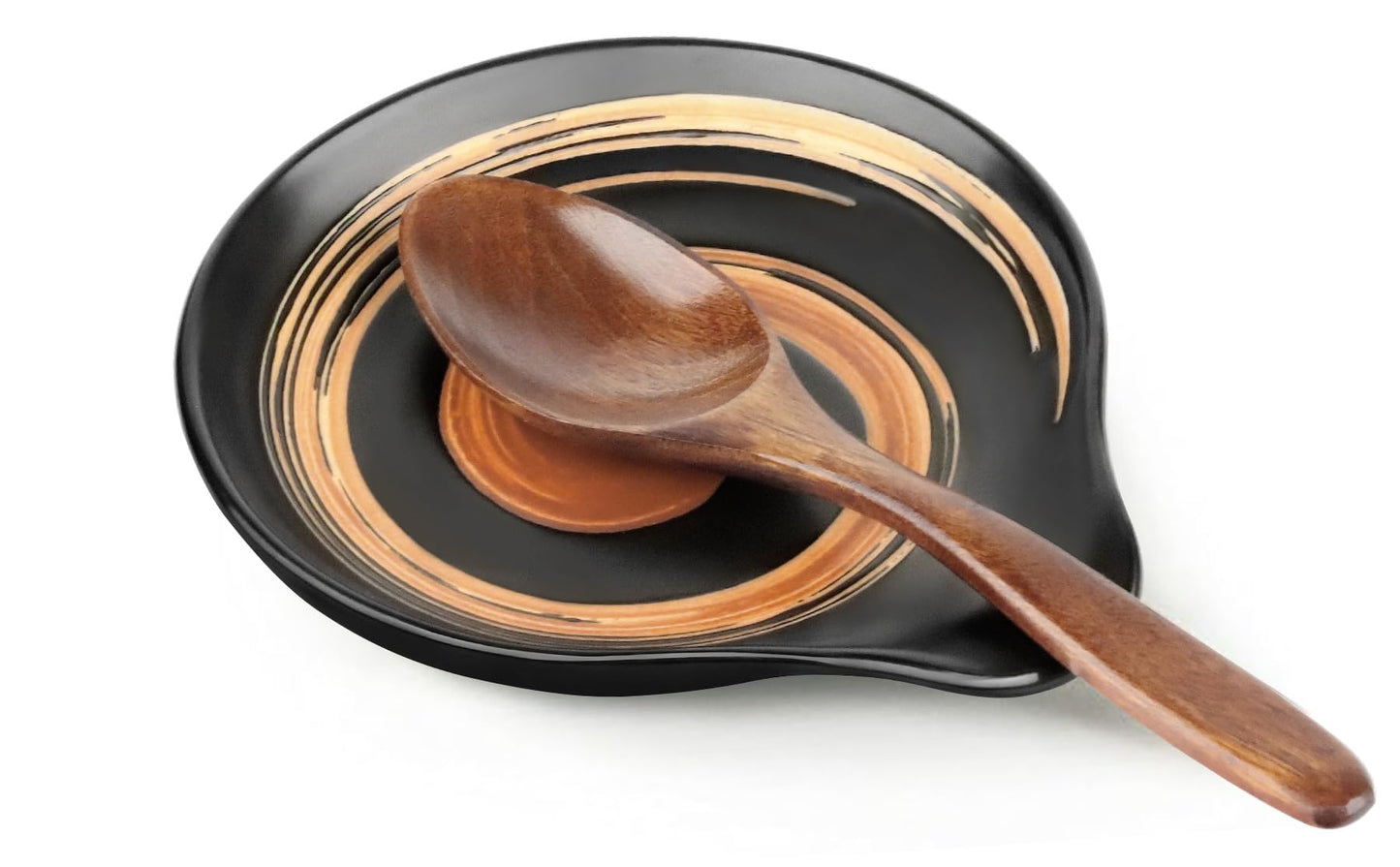 VanlonPro Ceramic Spoon Rest, 5 Inch Spoon Holder for Stove Top, Kitchen Counter, Utensils, Ladle, Coffee Spoons, Cooking spoons, Spatula, Housewarming Gifts, Black & Hand-painted Swirl
