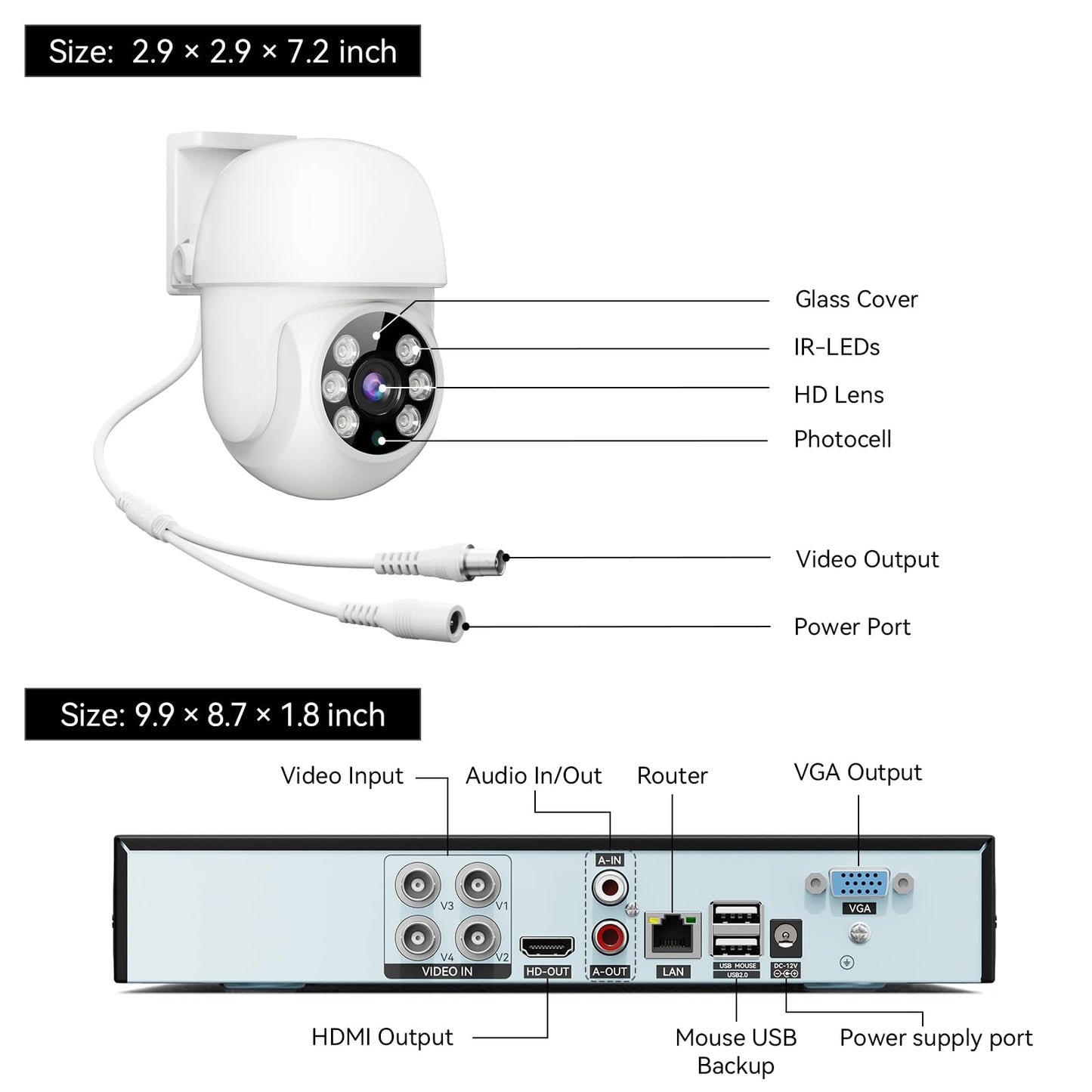 VORGUT Wired Security Camera System Outdoor, 4pcs Pan/Tilt CCTV Cameras and 4CH 5MP Lite AHD TVI DVR (500GB HDD), 360° View Surveillance DVR Kit, Motion Detection, 24/7 Recording, Remote Access
